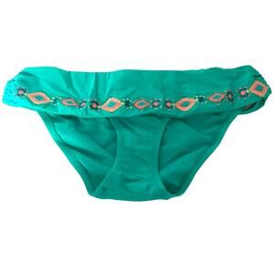 Jessica Simpson Womens Green Embroidered Foldover High-Rise Bikini Bottom Size L